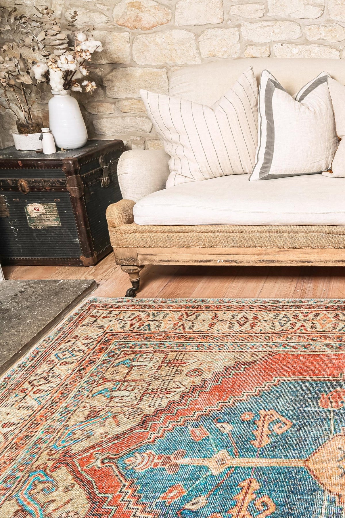 Distressed Louvre Rustic Blue Washable Rug - VITAL 3181-00